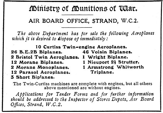 Ministry Of Munitions Of War Offers These  Aeroplanes For Sale   