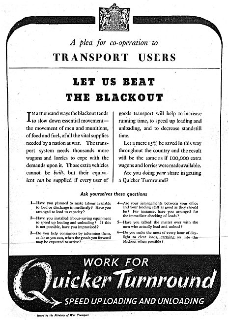 Ministry Of War Transport. Speed Up Transport Turnround 1942     