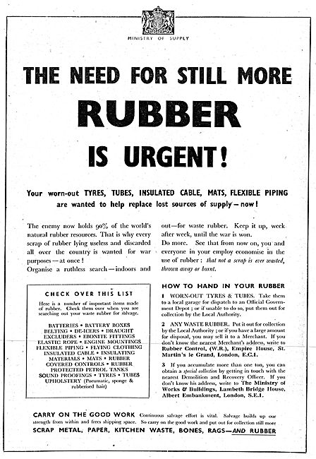 Ministry Of Supply. Disposal & Conservation Of Rubber. 1942      