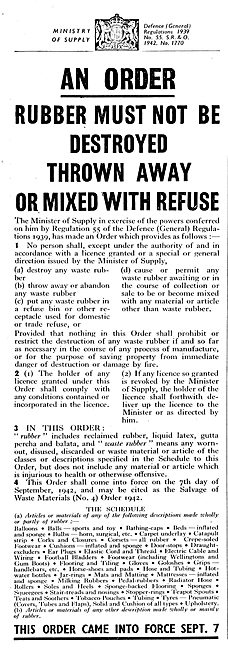 Ministry Of Supply. Disposal & Conservation Of Rubber Regulations