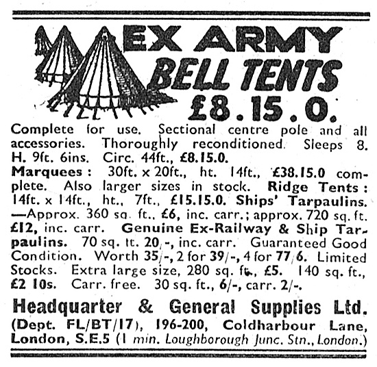 Headquarters & General Supplies Ltd. Ex Army Bell Tents 1947     