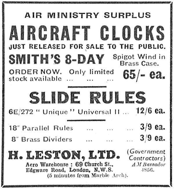 H.Leston War Surplus Aircraft Clocks 1947                        