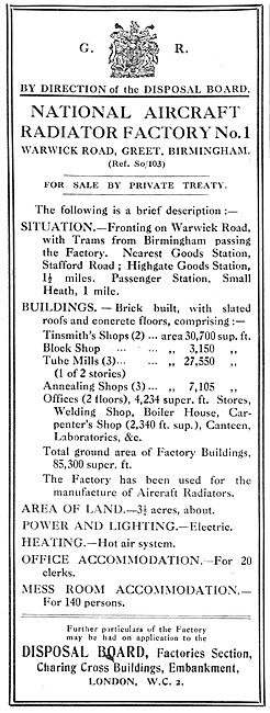 The Disposal Board. National Aircraft Radiator Factory No1. Greet