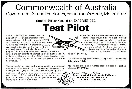 Dept Of Supply Australia: GAF Require Experienced Test Pilot.    