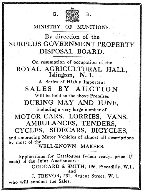 Ministry Of Munitions Sale Of Surplus Vehicles. 1919             