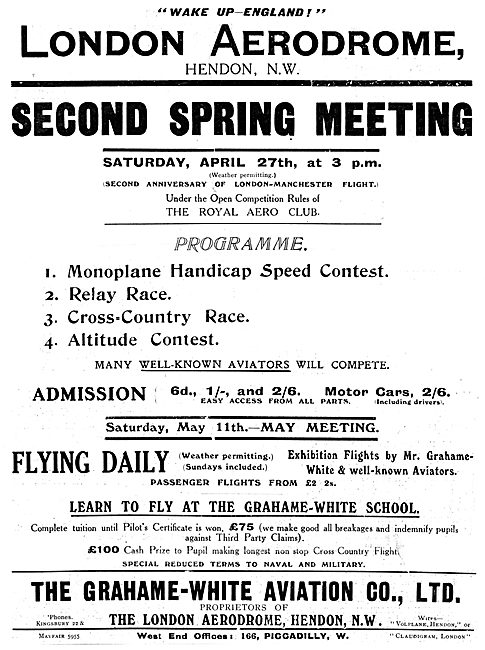 London Aerodrome Hendon Events April 1912. Grahame-White         