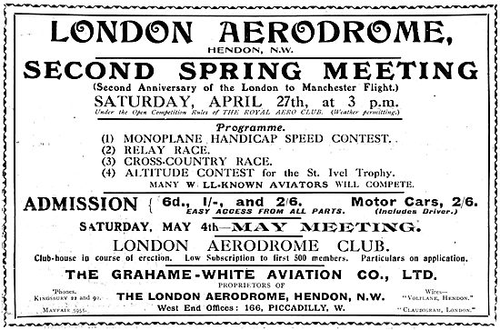 London Aerodrome Hendon Events Spring 1912. Grahame-White        