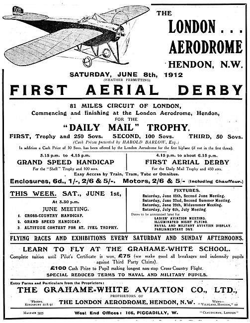 London Aerodrome Hendon Events Aerial Derby 1912. Grahame-White  