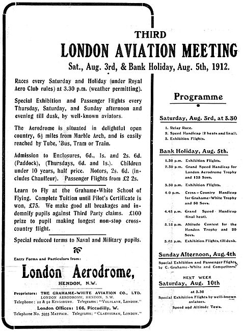 London Aerodrome Hendon Events August 1912. Grahame-White        