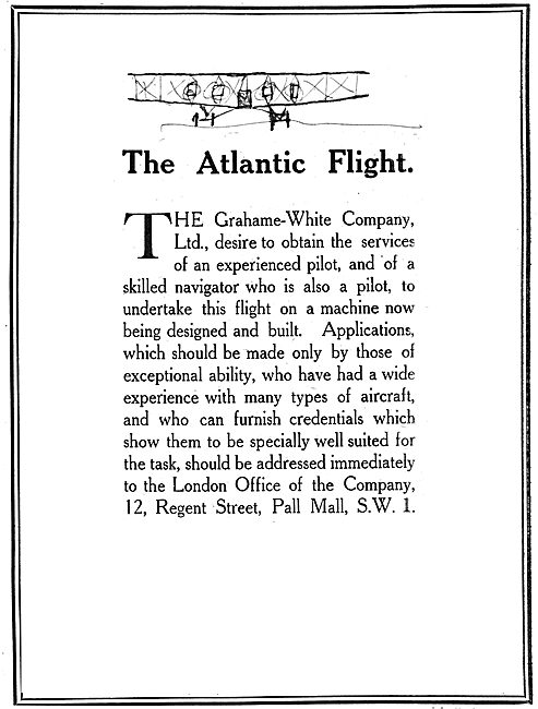Grahame-White Aircraft Seek Pilot For An Atlantic Flight         