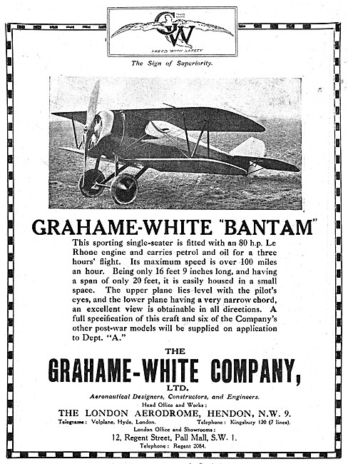 Grahame-White Bantam Sporting Single Seater Aircraft 1919        