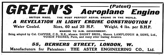 Green's (Patent) Water Cooled Aeroplane Engine 60hp and 35hp     