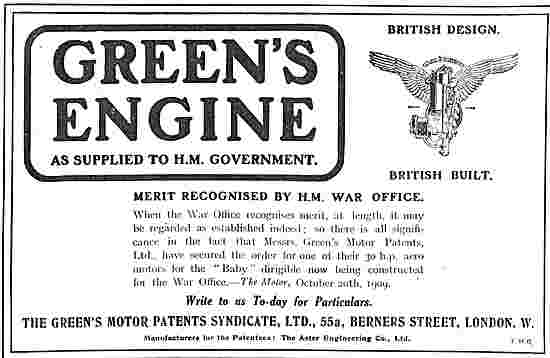 Greens Aeroplane Engines As Supplied To H.M Government           