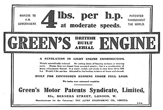 Greens British Built  Aerial Engines - 4 Lbs Per HP              