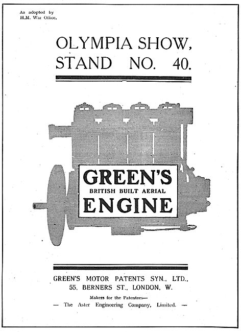 Greens Aeroplane Engines. 55 Berners St London                   