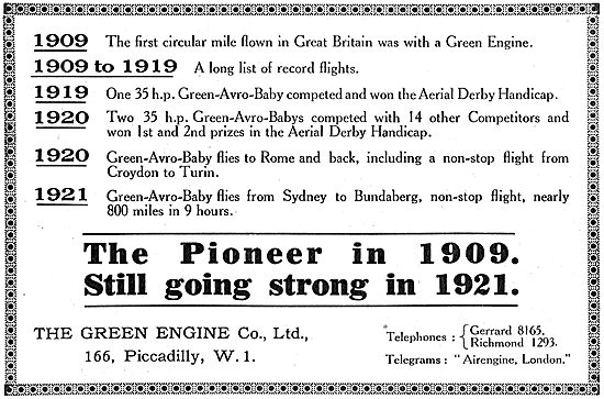 Greens Aeroplane Engine Achievements 1909-1921                   