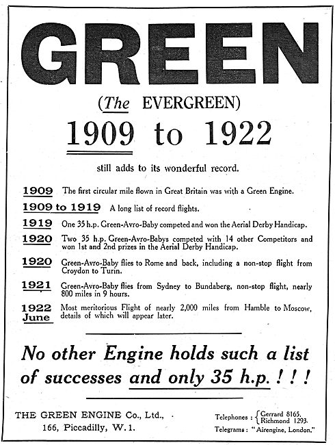 The Evergreen Green Aeroplane Engine. 1909 - 1922                