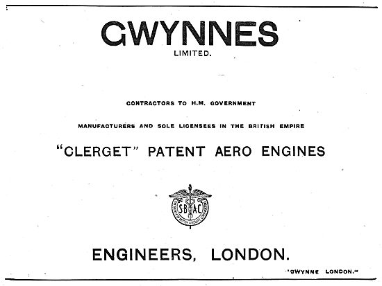 Gwynnes Ltd - Licensees For Clerget Patent Aero Engines          