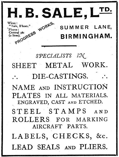 H.B.Sale Ltd. Birmingham  - Aeronautical Sheet Metal Work.       