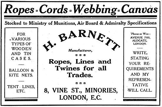 H.Barnett. 8,Vine St, Minories - Ropes & Twines For Aircraft.    