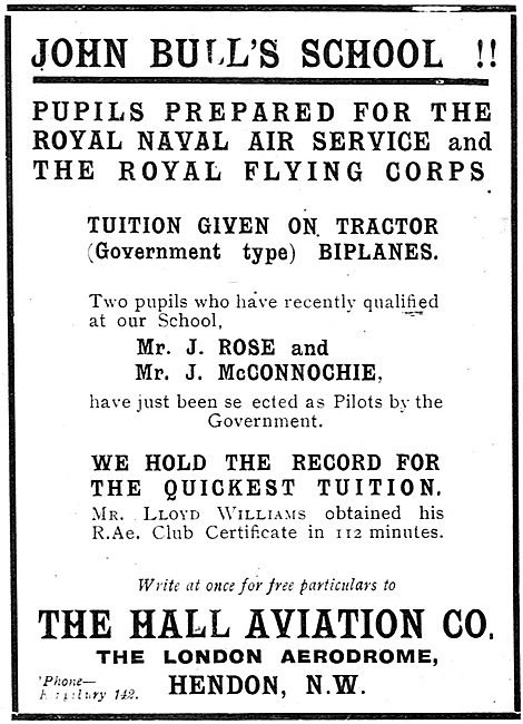 Hall School Of Flying Hendon - John Bull's School!               