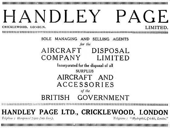 Handley Page Aircraft Disposal Company 1920                      