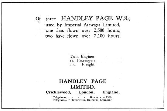 Handley Page W8 Imperial Airways Flight Statstics                