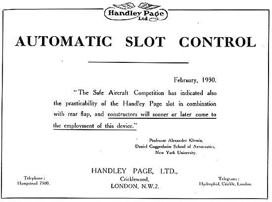 Handley Page Automatic Slot Control Testimonial - Prof Klemin. NY
