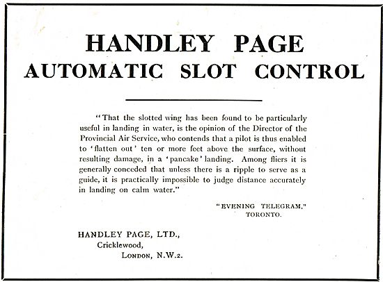 Handley Page Automatic Slot Control: Toronto Evening Telegram    
