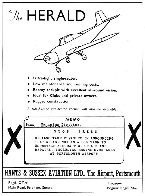 Hants & Sussex Herald Light Aircraft 1948                        