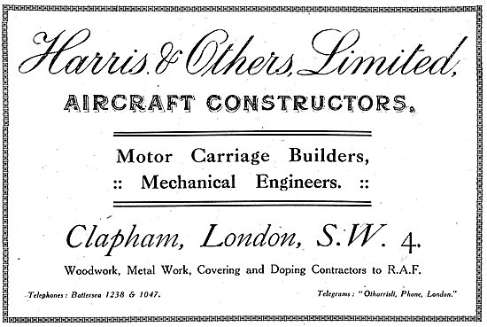 Harris & Others Ltd. -  Aeronautical Engineers. 1918 Advert      