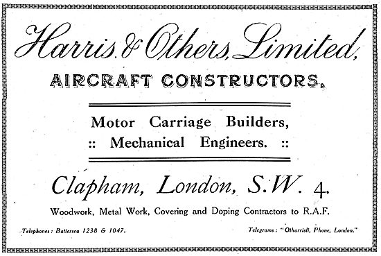 Harris & Others Ltd. -  Aeronautical Engineers. 1918 Advert      