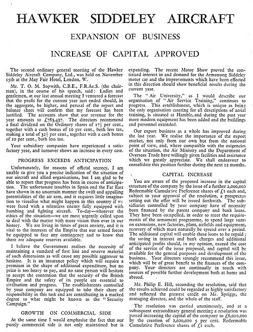 Hawker Siddeley Expansion Of Business - 1937 Capital Increase    