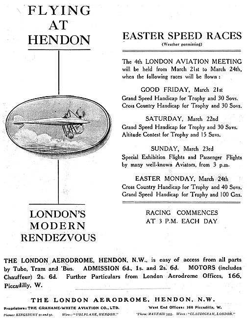 Flying Programme For March 1913  At Hendon - Grahame White       