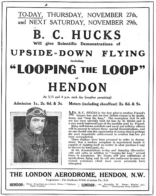 See B.C.Hucks Looping The Loop At Hendon November 1913           