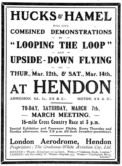 London Aerodrome Hendon. Events March 1914. Grahame-White        