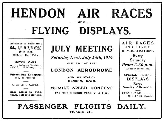 London Aerodrome Hendon Events & Flying Programme  July 1919     