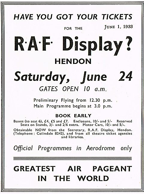 RAF Display Hendon Jun 24th 1933                                 