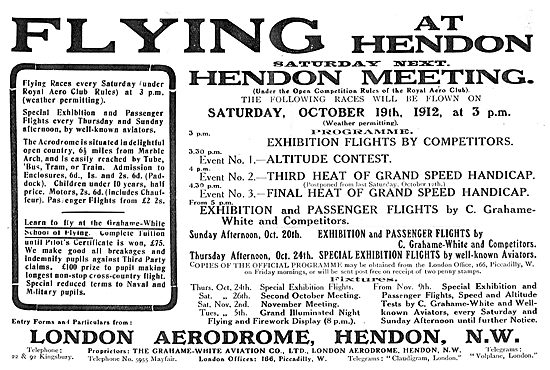 Hendon October 19th 1912 Flying Programme                        