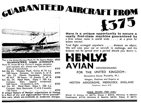 Henly's Aircraft Sales. Heston 1931                              