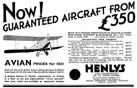 Henly's Aircraft Sales. Heston 1931                              