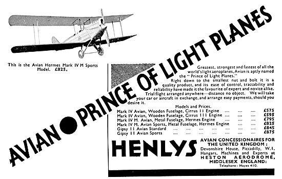 Henly's Aircraft Sales. Heston 1931                              