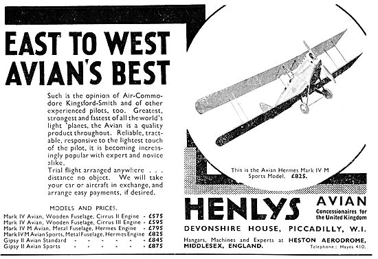 Henly's Aircraft Sales. Heston 1931 Avro Avian Sales             