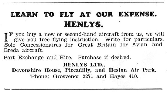 Henly's Aircraft Sales. Heston. Henlys Flying School 1931        