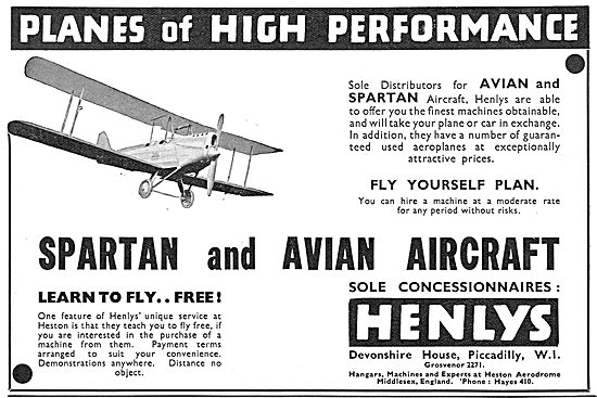 Henlys Are Sole Distributors For Avian & Spartan Aircraft        