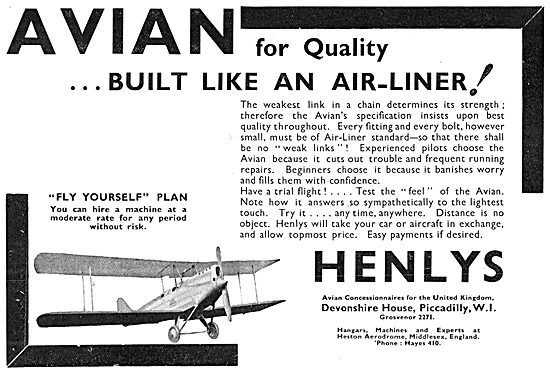 Henly's Aircraft Sales. Avro Avian Distributors 1932             