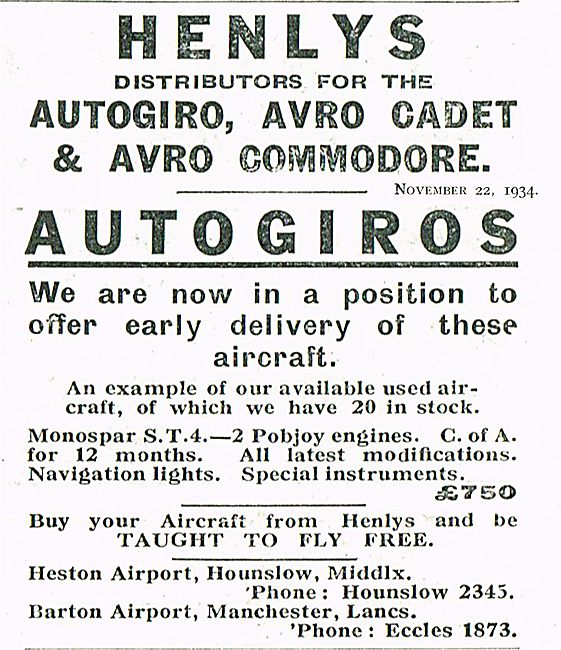Henlys Distributors For Autogiro Avro Cadet & Avro Commodore     
