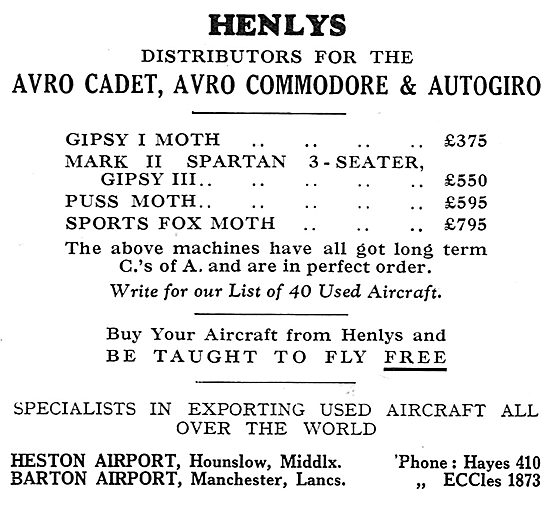Henlys - Distributors For Avro & Autogiro Aircraft               