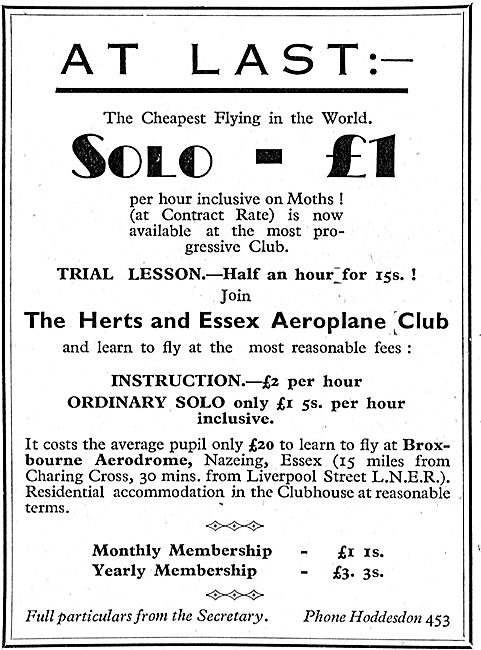 Herts & Essex Aero Club, Broxbourne.: Trial Lesson 15/-          