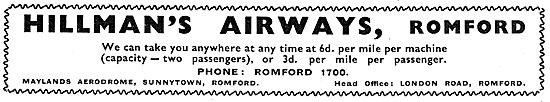 Hillmans Airways - Air Charter 6d Per Mile Per Machine           